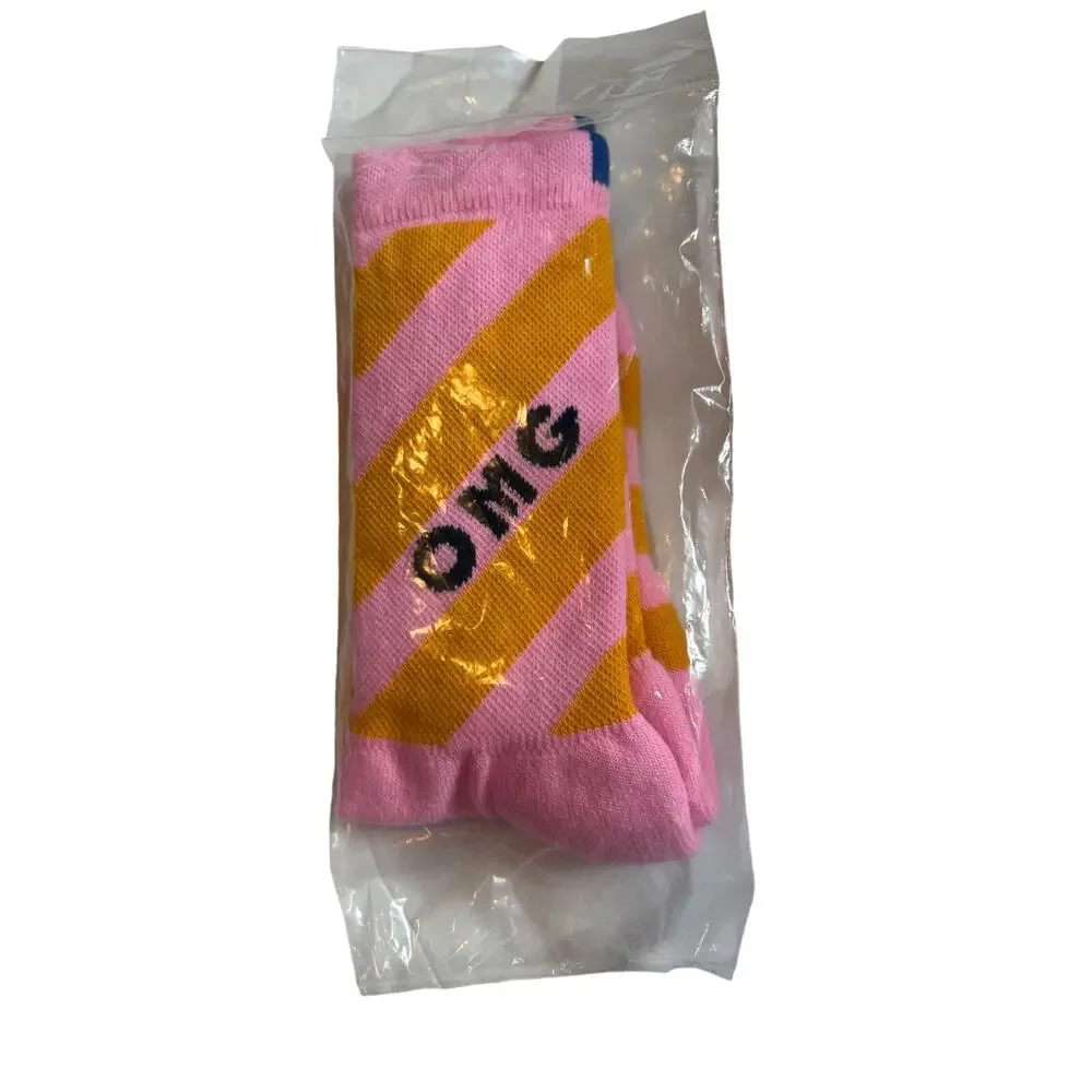 OMG Novelty Crew Socks Pink Orange Stripe , MED